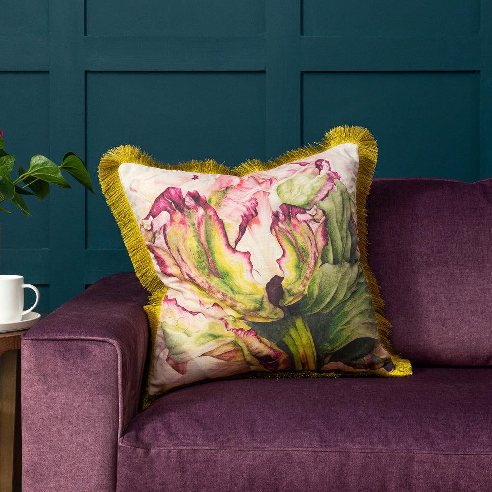 Bed Cushions | Heligan Printed Fringed Feather Cushion Fuchsia Bed Cushions Bed Cushions