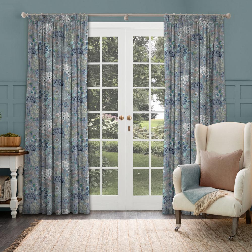 Curtains | Ailsa Printed Pencil Pleat Curtains Cornflower Curtains Cornflower