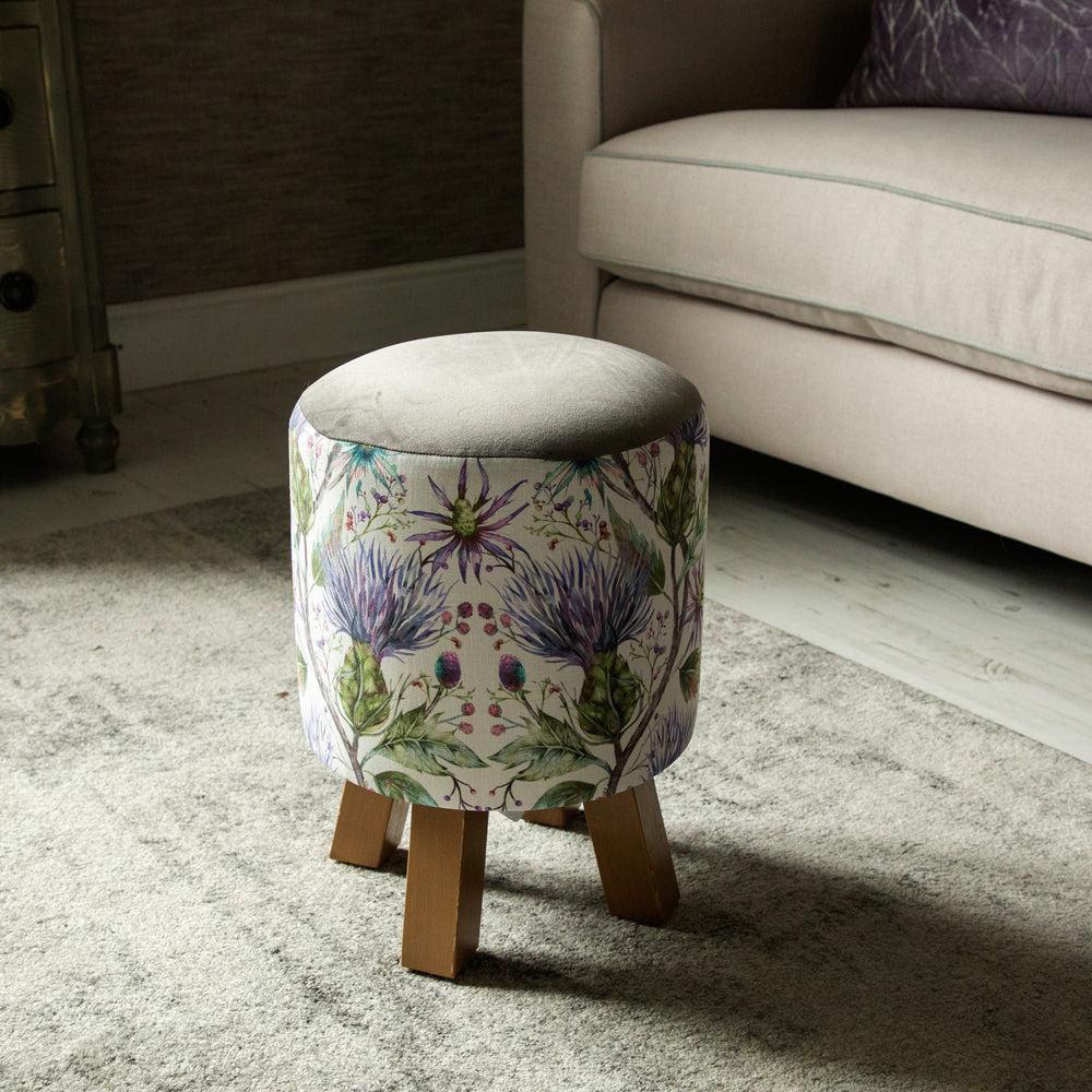 Footstools | Varys Monty Round Footstool Violet Linen Footstools Footstools