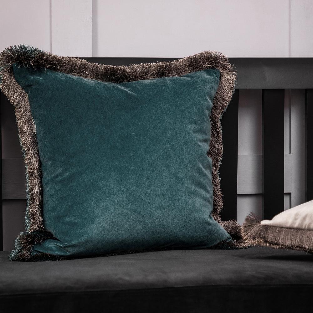 Sofa Cushions | Lapis Velvet Fringed Feather Cushion Aqua Bed Cushions Aqua