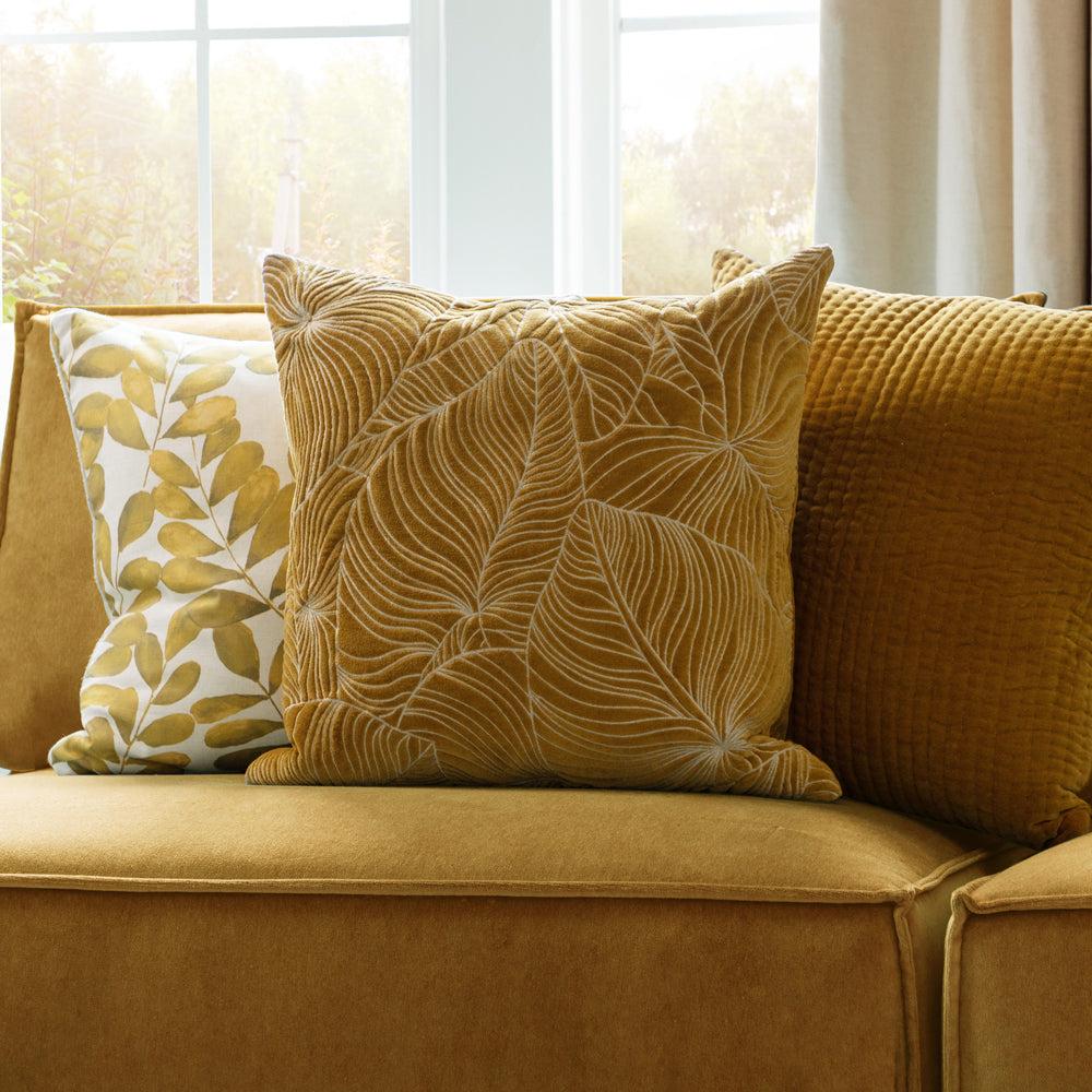 Sofa Cushions | Taro Embroidered Feather Cushion Mustard Bed Cushions Bed Cushions