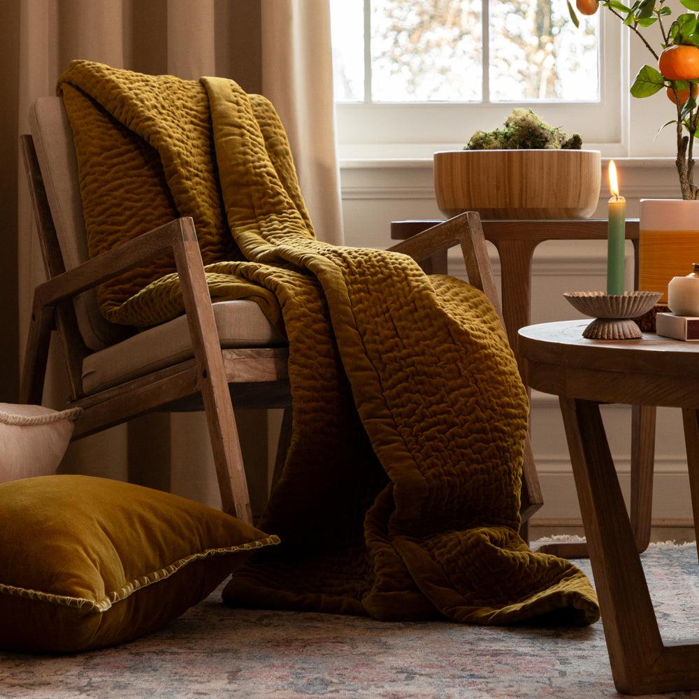 Throws | Haze Velvet Quilted Throw Mustard Home Decor Mustard