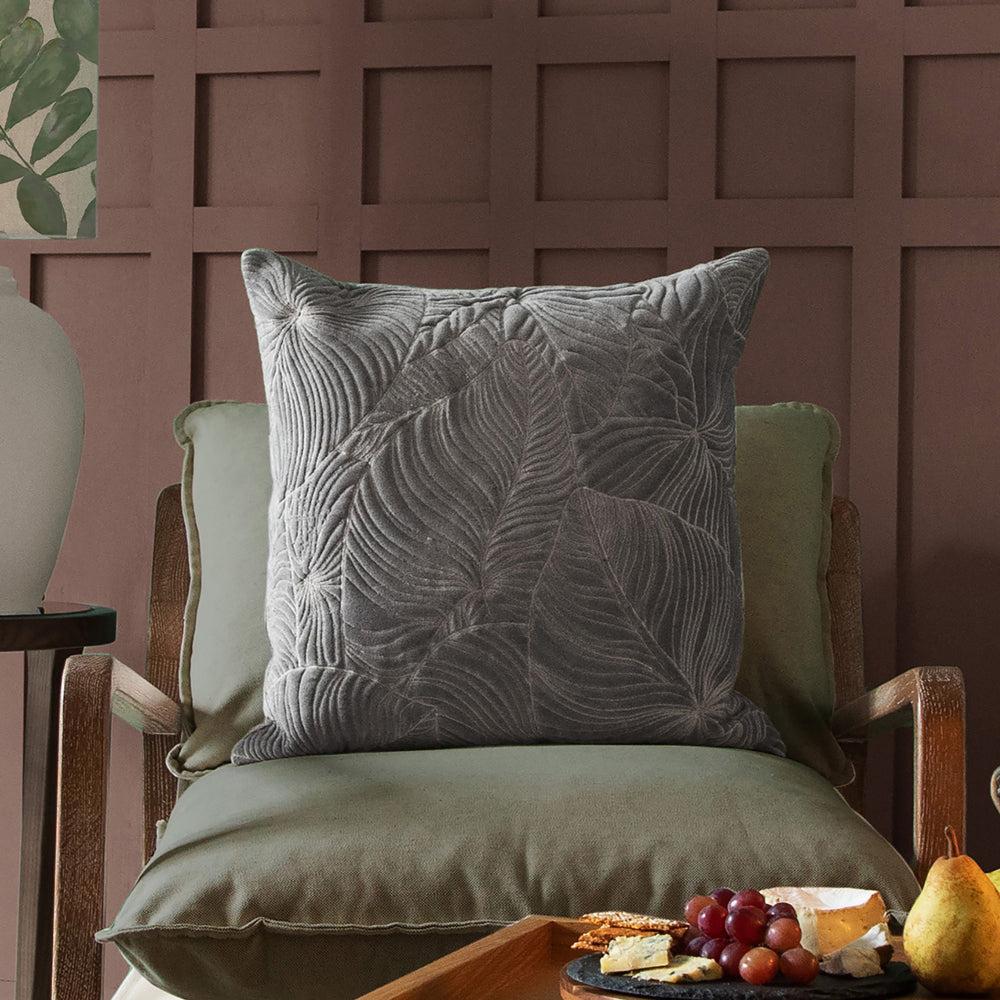 Velvet Cushions | Taro Embroidered Feather Cushion Steel Cushions Steel